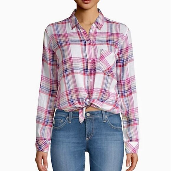 Rails Charli White Peach Fuschia Plaid Shirt Size XS - Picture 3 of 13